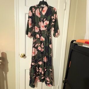 Bar III Green and Pink Floral Long Sleeve Wrap Dress
